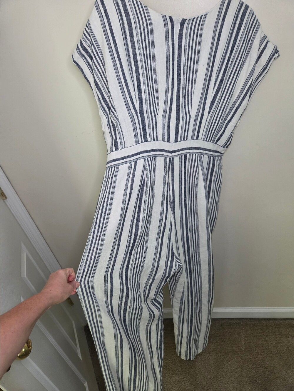 Women's Gibson Latimer Blue Striped Linen Blend Jumpsuit Sz XL - Picture 3 of 8